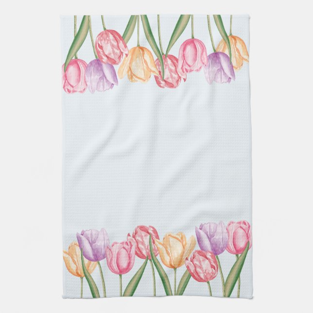 Farbige Wasserfarben-Tulpen auf Hellblau Geschirrtuch (Vertikal)