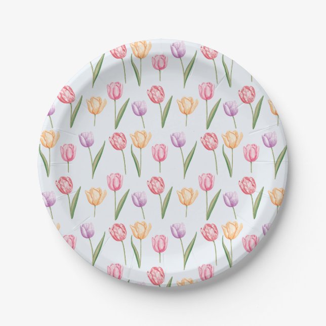 Farbige Wasserfarben-Tulpen-Blumenmuster Pappteller (Vorderseite)