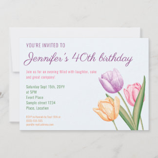 Farbige Wasserfarben-Tulpenblumen 40. Geburtstag Einladung