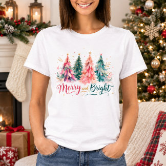 Farbige Wasserfarben-Weihnachtsbäume Fröhlich und T-Shirt