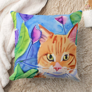 Farbige Wasserfarbenkunst   Orange Katze und Blume Kissen