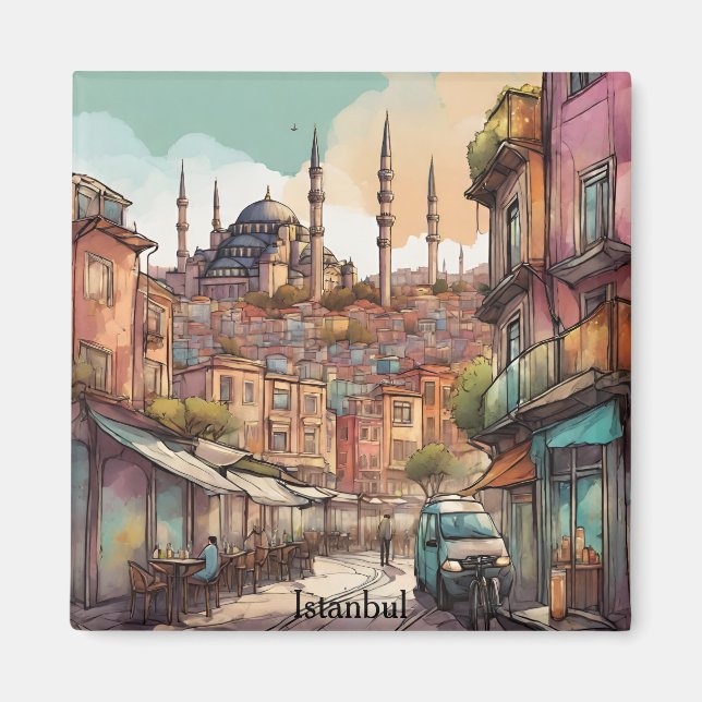 Farbige Wasserfarbenmalerei Istanbul Skyline Magnet (Vorne)