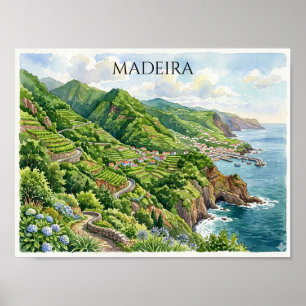 Farbige Wasserfarbenmalerei Madeira Portugal Poster