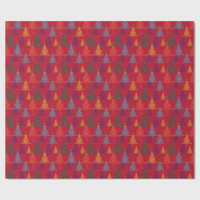 Farbige Weihnachtsbäume Xmas Rot Geschenkpapier (Flach)