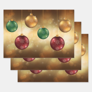 Farbige Weihnachtsbaumkugeln auf gelbem Bokeh Geschenkpapier Set