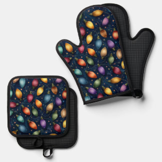 Farbige Weihnachtslichter-Küche Ofenhandschuh & Topflappen-Set