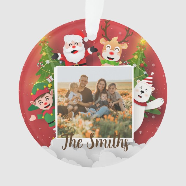 Farbige Weihnachtszeit Cartoon Santa Foto Name Ornament (Vorderseite)