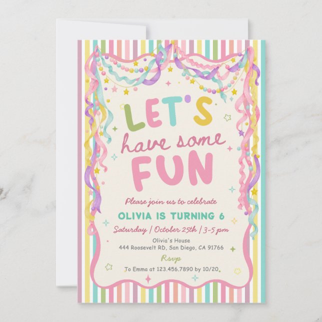 Farbige Whimsical Fun Mädchen Geburtstagseinladung Einladung (Vorderseite)