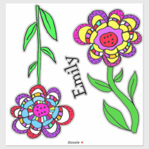 Farbige Whimsikäre Blume und Namensaufkleber Aufkleber