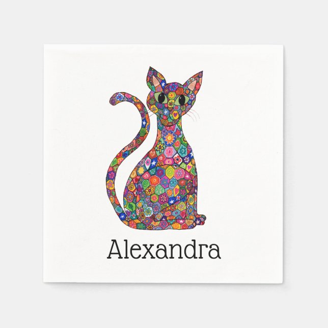 Farbige Whimsikische Blume Mosaik Kat Monogramm Na Serviette (Vorderseite)