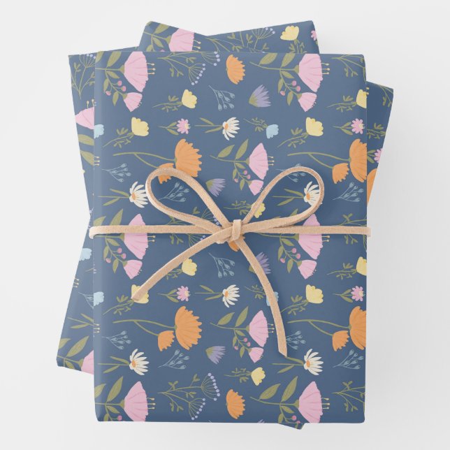 Farbige Wiese auf Blau Geschenkpapier Set (Beispiel)
