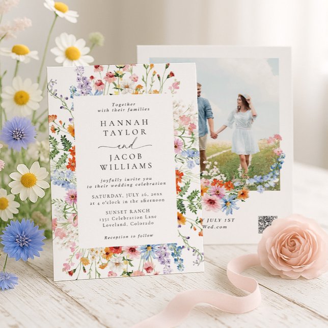 Farbige Wiesen-Wildblumen-Hochzeit QR-Code Einladung (Von Creator hochgeladen)