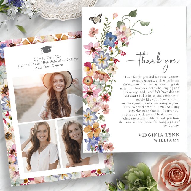 Farbige Wildblume Abschluss Dankeskarte (Colorful Wildflower Graduation Photo Thank You Card with Butterfly by Painted Paperie
)