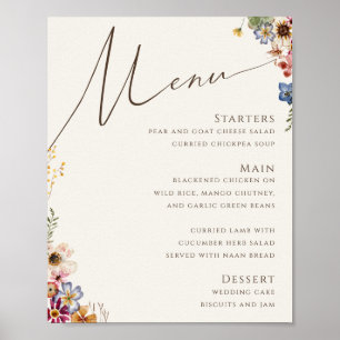 Farbige Wildblume Beige Hochzeitsmenü-Schild Poster