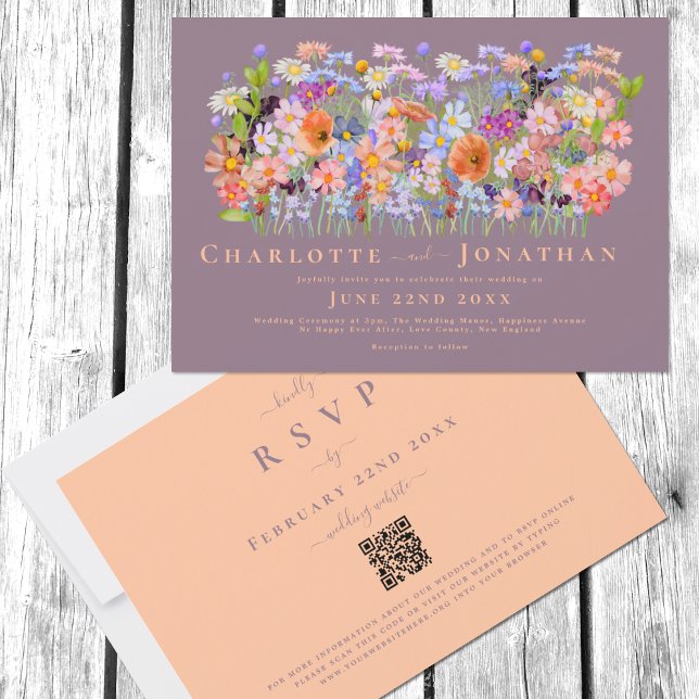 Farbige Wildblume Boho Wedding QR Code Einladung (Colorful Wildflower meadow boho peach fuzz wedding invitation with QR Code online RSVP)