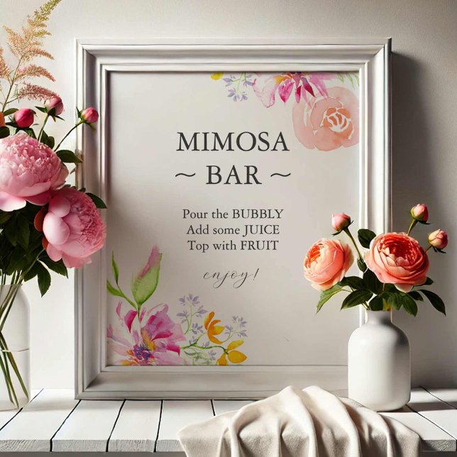 Farbige Wildblume Brautparty Mimosa Bar Unterschri Fotodruck (mimosa bar sign bridal shower ideas watercolor pink floral art Victoria Grigaliunas Do Tell A Belle)