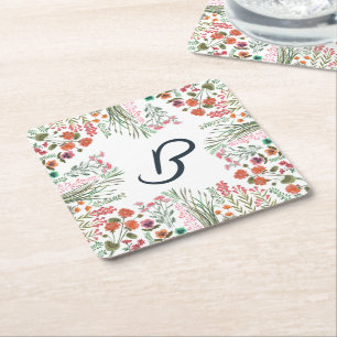 Farbige Wildblume Brautparty Monogramm Rechteckiger Pappuntersetzer