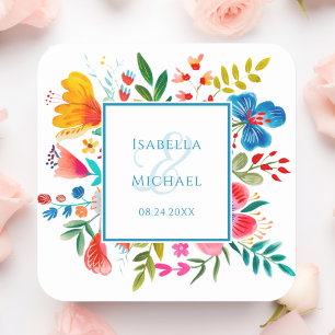 Farbige Wildblume Wasserfarben-Hochzeitsticker Quadratischer Aufkleber