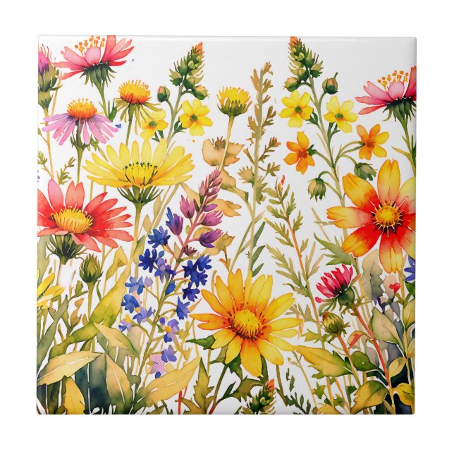 Farbige Wildblumen Aquarell Fliese (Vorderseite)