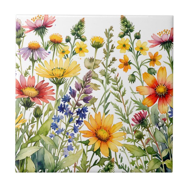 Farbige Wildblumen-Aquarellmalerei Fliese (Vorderseite)
