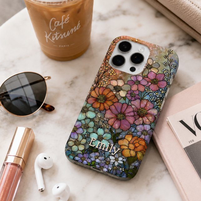 Farbige Wildblumen-Buntglas-Personalisierung iPhone Hülle (Von Creator hochgeladen)