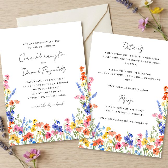 Farbige Wildblumen Hochzeit zweiseitig Einladung (Von Creator hochgeladen)