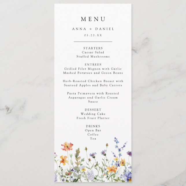 Farbige Wildblumen-Hochzeitsmenü Menükarte (Vorderseite)