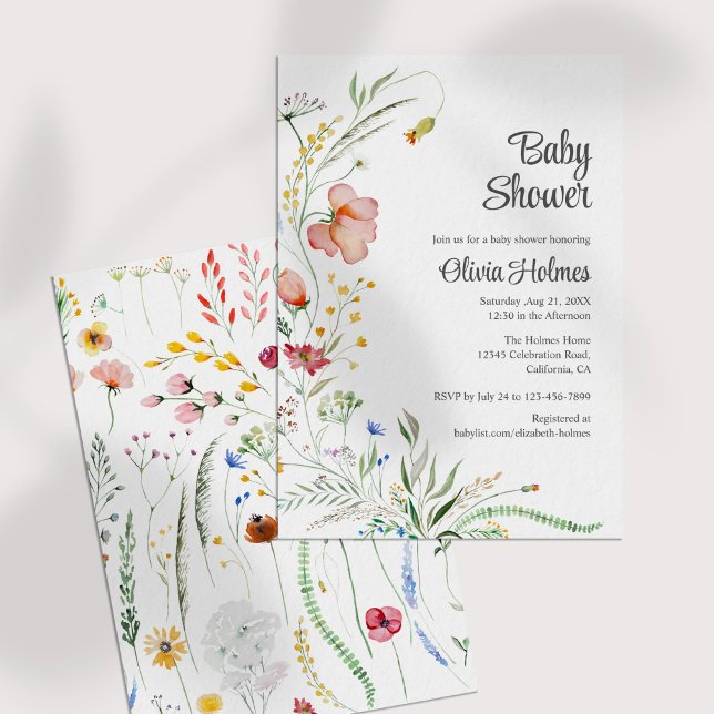 Farbige Wildblumen Kinderdusche Einladung (Colorful Watercolor Wildflowers Baby Shower Invitation on a white table.)