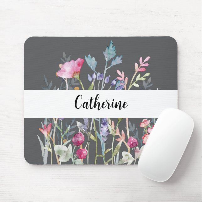 Farbige Wildblumen mit Individuelle Name Grau Maus Mousepad (Mit Mouse)