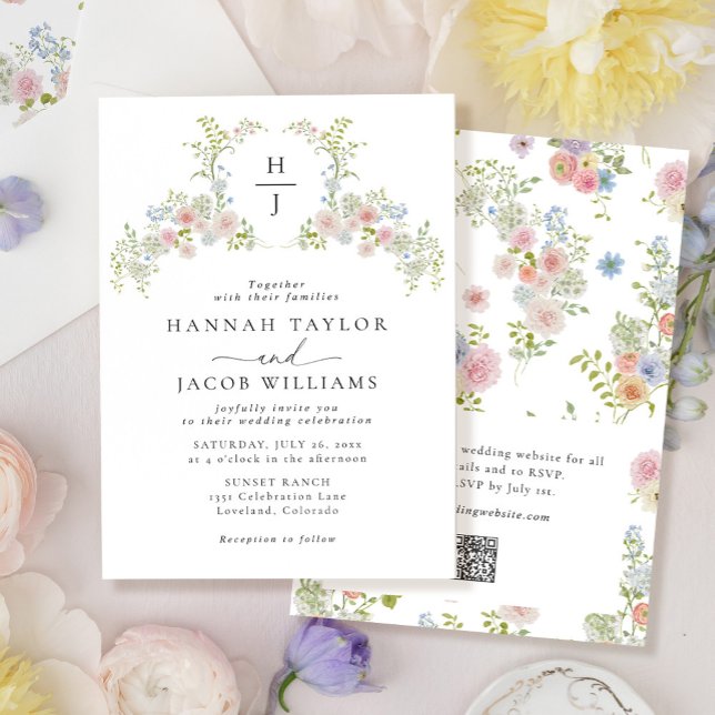Farbige Wildblumen-QR-Code-Monogramm-Hochzeit Einladung (Von Creator hochgeladen)