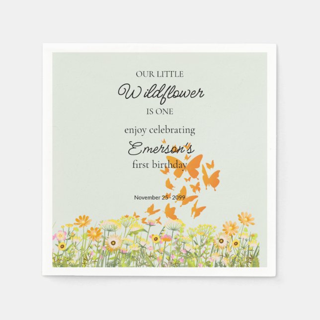 Farbige Wildblumen-Schmetterling 1. Geburtstag Serviette (Vorderseite)
