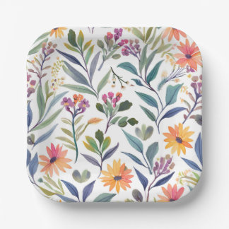 Farbige Wildblumen | Schöne Florale Aquarellmalere Pappteller