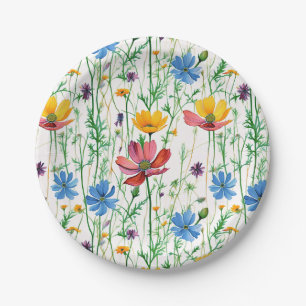 Farbige Wildblumen und grünes Gras Pappteller
