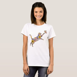 Farbige Wildblumenkatze mit Schmetterling  T-Shirt