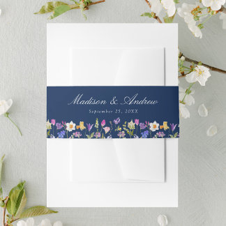 Farbige Wildblumenwiese Navy-Hochzeit Einladungsbanderole