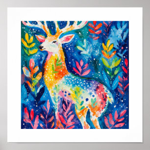 Farbige Winterhirsch-Aquarellmalerei Poster