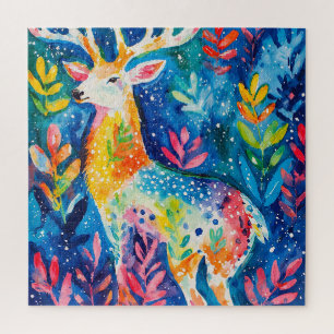 Farbige Winterhirsch-Aquarellmalerei Puzzle