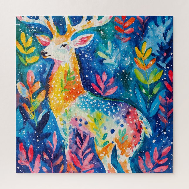 Farbige Winterhirsch-Aquarellmalerei Puzzle (Vertikal)