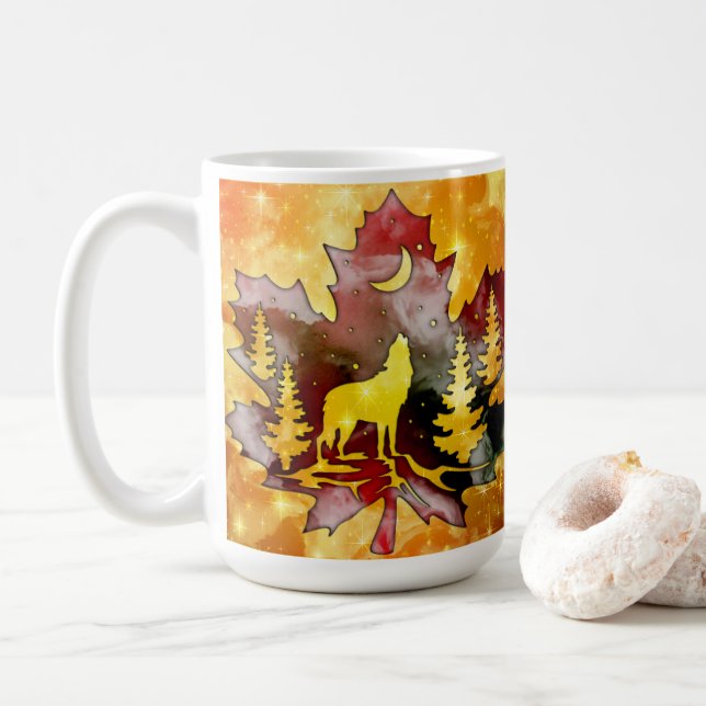 Farbige Wolf-Silhouette mit nächtlichem Sky-Design Kaffeetasse (Mit Donut)