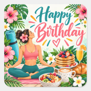 Farbige Yoga Brunch Happy Birthday Gestaltung Quadratischer Aufkleber