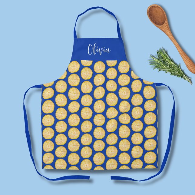 Farbige Zitrusfrüchte Schürze (Citrus lemon fruity kitchen apron on blue background.  Personalize with your own name or text.)