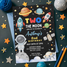 Farbige Zwei Auf Den Mond Raum Rakete Geburtstag 