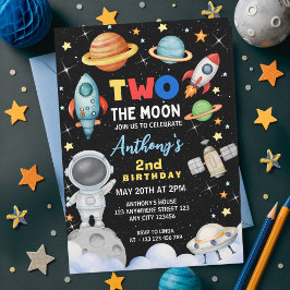 Farbige Zwei Auf Den Mond Raum Rakete Geburtstag  Einladung