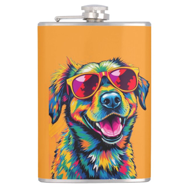 Farbiger abstrakter Hund mit Sonnenbrille Flachmann (Vorderseite)