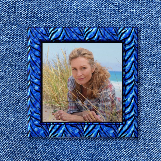 Farbiger blauer Bilderrahmen-Button Button (Bright Blue Zebra Art Border Photo Button)