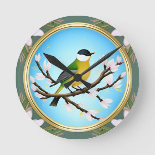 Farbiger blauer Vogel auf einem blühenden Ast Runde Wanduhr