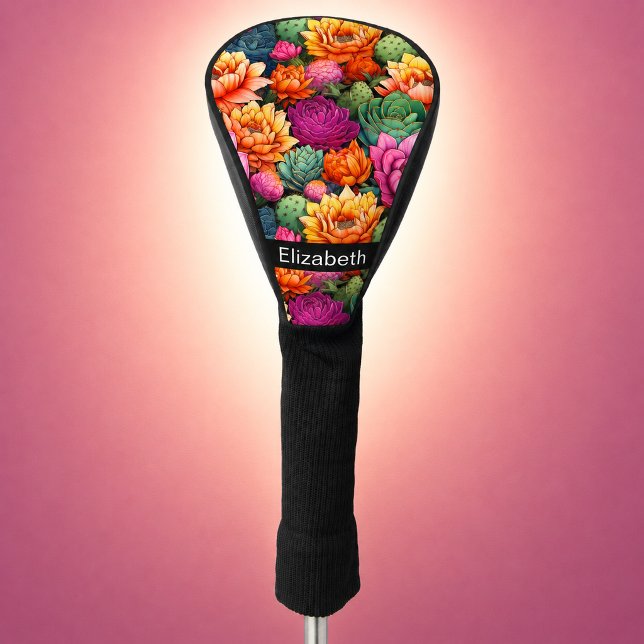 Farbiger blühender Kaktus Personalisiert Golf Headcover (colorful flowering cactus personalized golf club cover for women.)