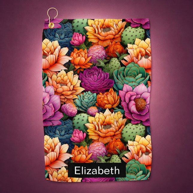 Farbiger blühender Kaktus Personalisiert Golfhandtuch (Colorful Flowering Cactus Personalized Golf Towel For Women)