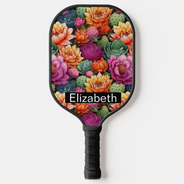 Farbiger blühender Kaktus personalisiert Pickleball Schläger (Vorderseite)