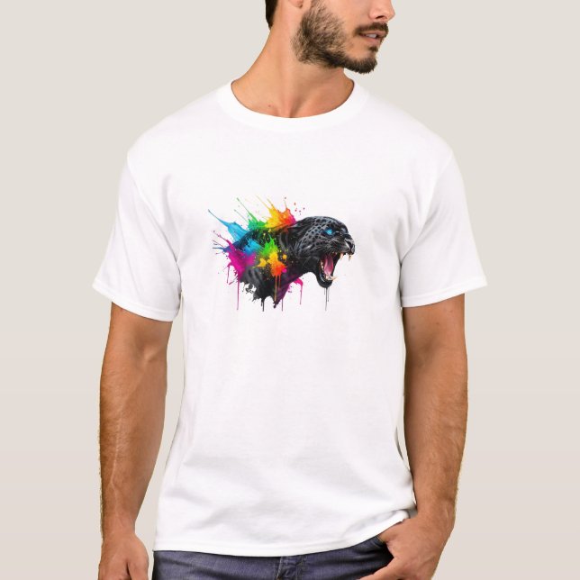 Farbiger brüllender schwarzer Panther Moderne Kuns T-Shirt (Vorderseite)